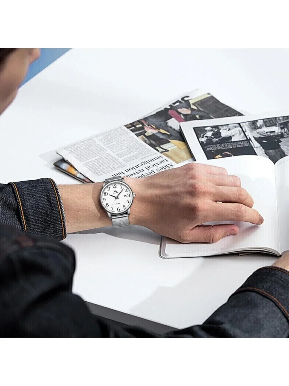 Men's Silver Analog Quartz Stainless Steel Easy Reader Waterproof Wrist Watch